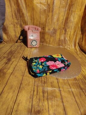 Vera Bradley Black Floral Zip Wallet - Pink, Yellow, Teal